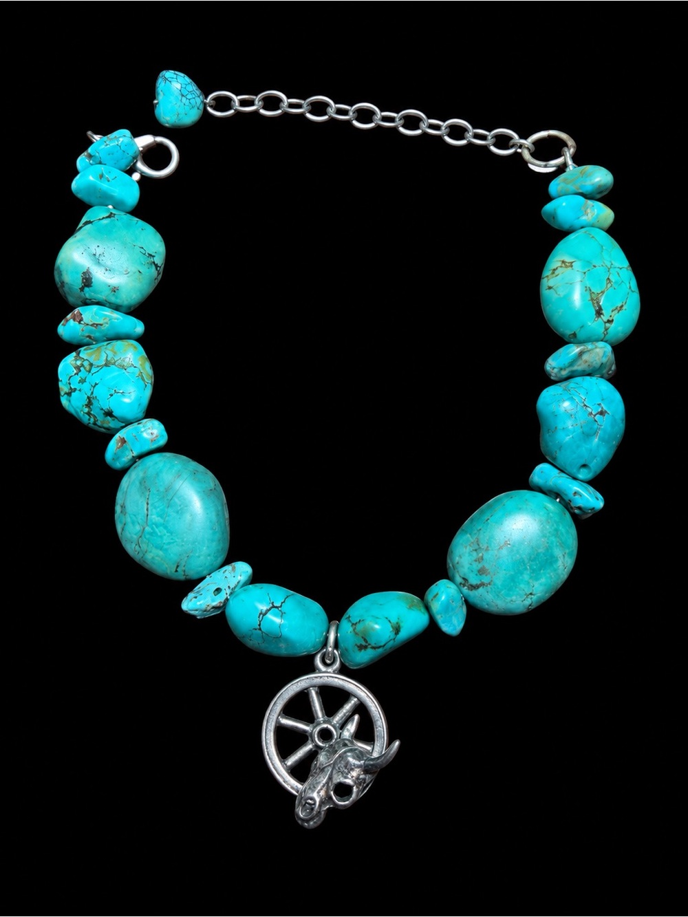 New Handmade Natural Turquoise & Sterling Silver Bracelet – Steer Skull Charm –
